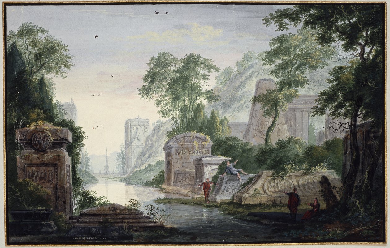 Antika gravruiner i ett flodlandskap av Abraham Rademaker