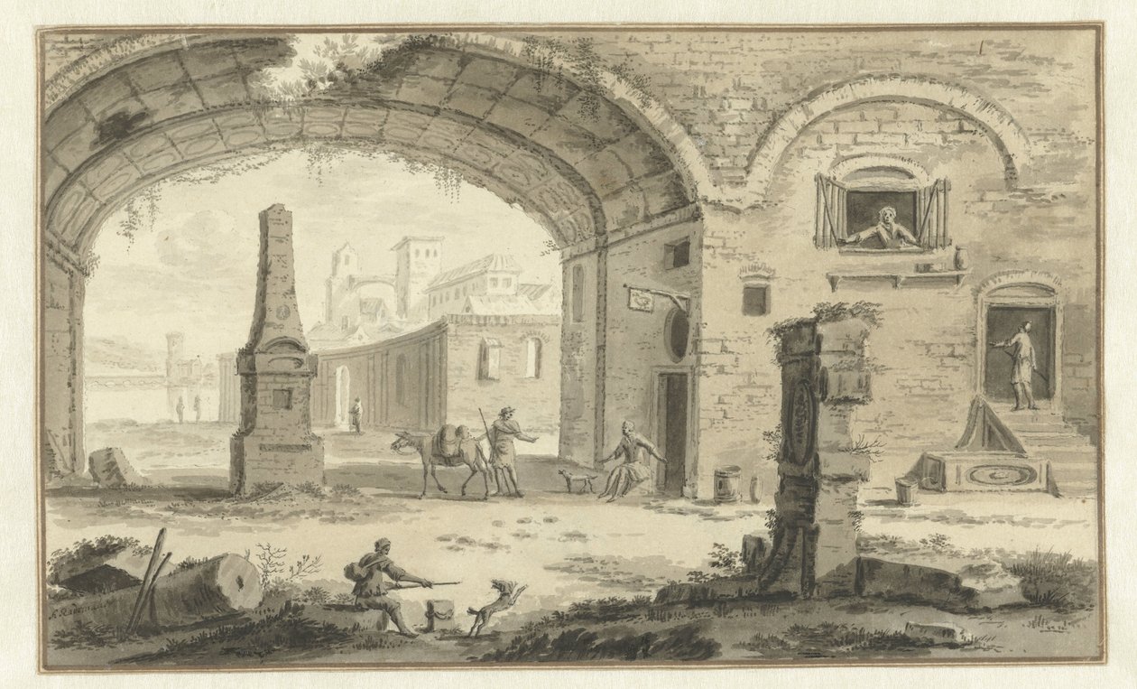 Fantiserad italiensk stadsbild med klassiska byggnader och utsikt under en båge av Abraham Rademaker