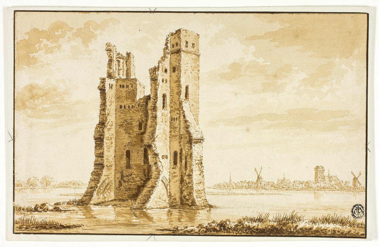 Ruinerna av Merwede herrgård sett framifrån med Dordrecht i bakgrunden av Abraham Rademaker