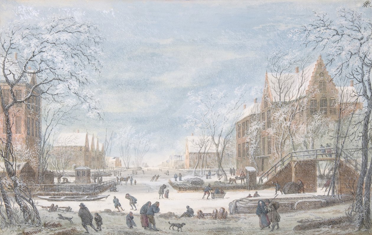 Snö faller på en holländsk stad, n.d. av Abraham Rademaker