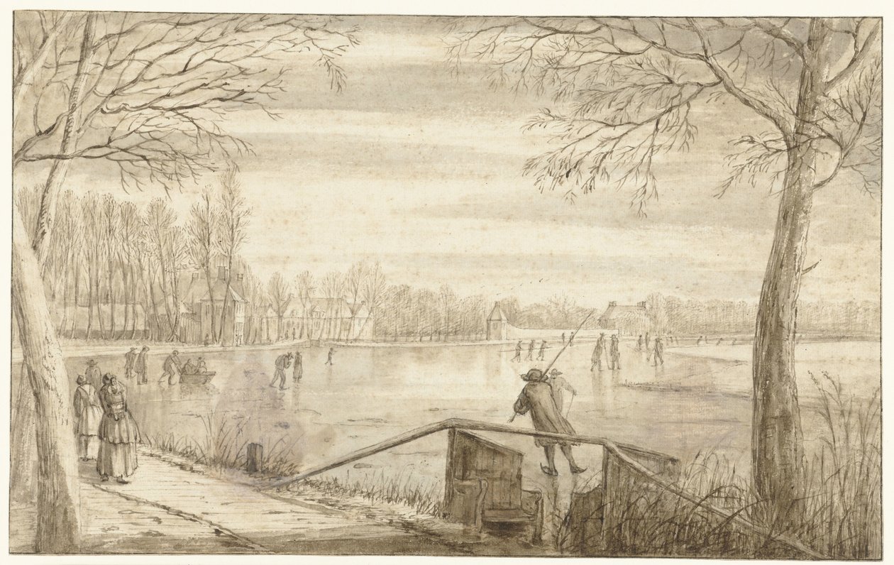 Skridskoåkare på floden Vecht, nära Maarssen, med ägorna Daelwijck och Vechthoven på avstånd av Abraham Rutgers