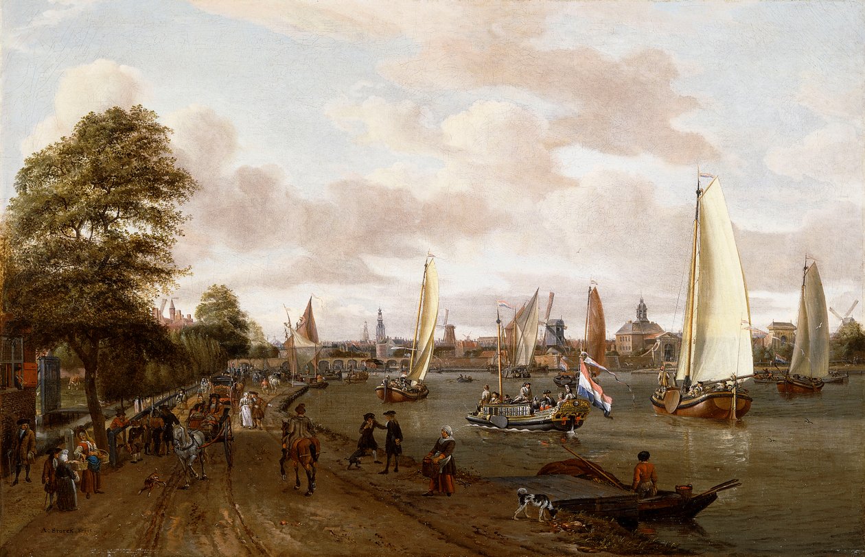 En panoramautsikt över Amsterdam med en pråm och småskepp på Buiten-Amstel, av Abraham Storck