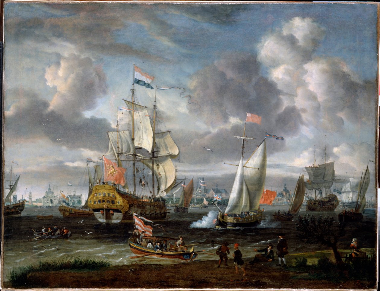 En engelsk yacht som hälsar på ett nederländskt krigsfartyg i Rotterdams hamn  av Abraham Storck
