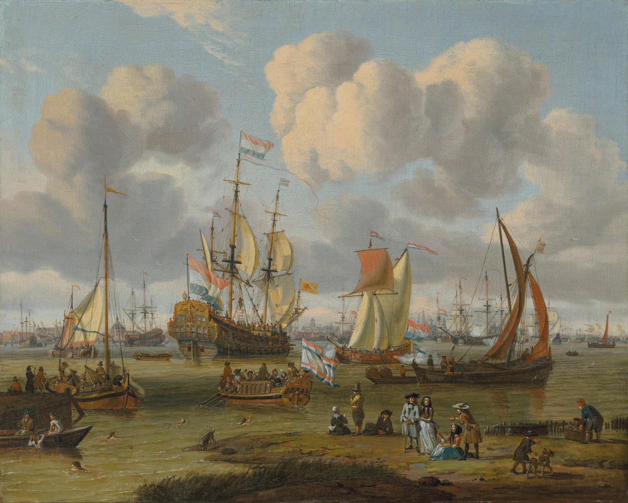 Nederländska: Schepen op het IJ voor Amsterdam Sjöfart utanför Amsterdam med figurer på en kaj av Abraham Storck