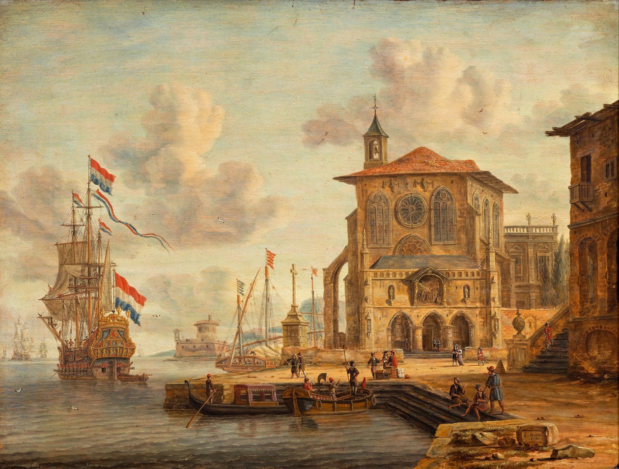 Hamnscen med medeltida byggnad av Abraham Storck