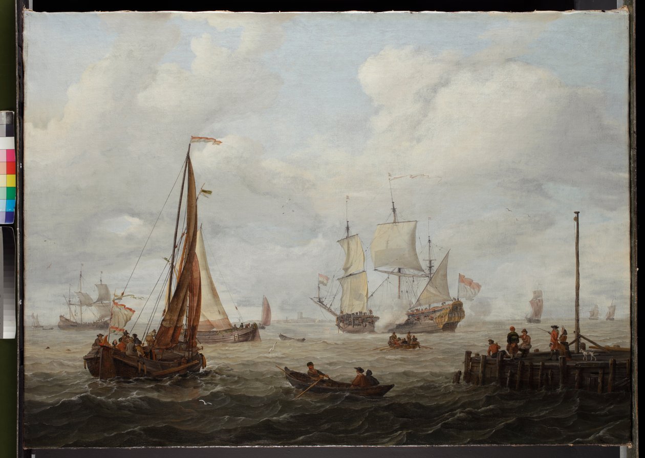 Havsstycke med en holländsk krigsman, före 1708 av Abraham Storck