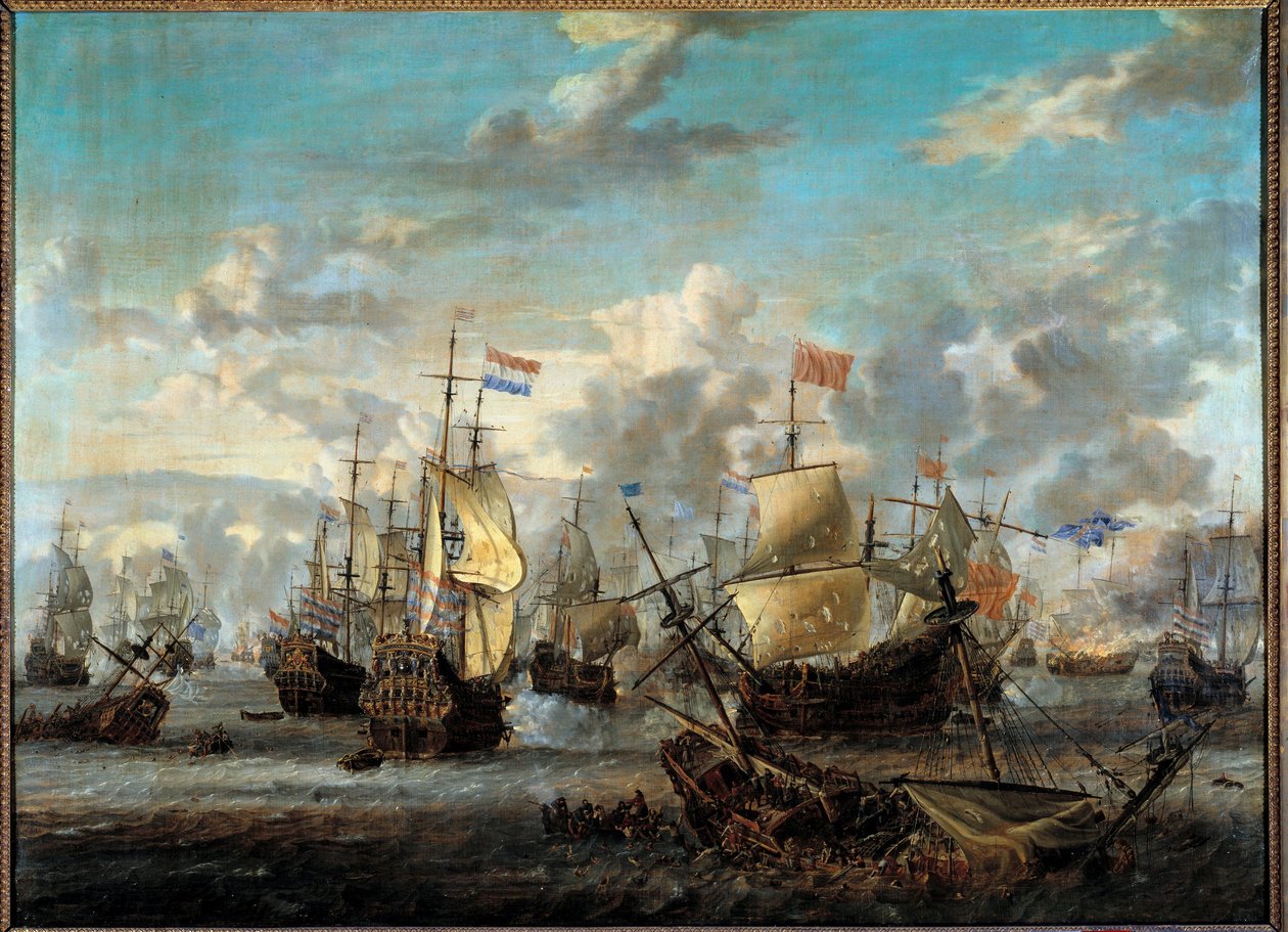 Andra anglo-neerländska kriget: "" Slaget om de fyra dagarna från 11 till 14/06/1666"" Hon motsatte sig de holländska flottorna till engelsmännen. Målning av Abraham Storck (1635-1710) (ec.hol.) 1600-talets Paris, Musee de la Marine av Abraham Storck