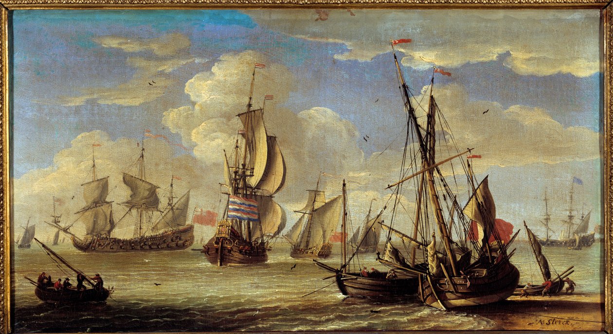 Skepp och båtar på havet Paintrue av Abraham Storck (1635-1710) (ec.holl.) 1600-talet Sön. 0,22x0,41m. . av Abraham Storck