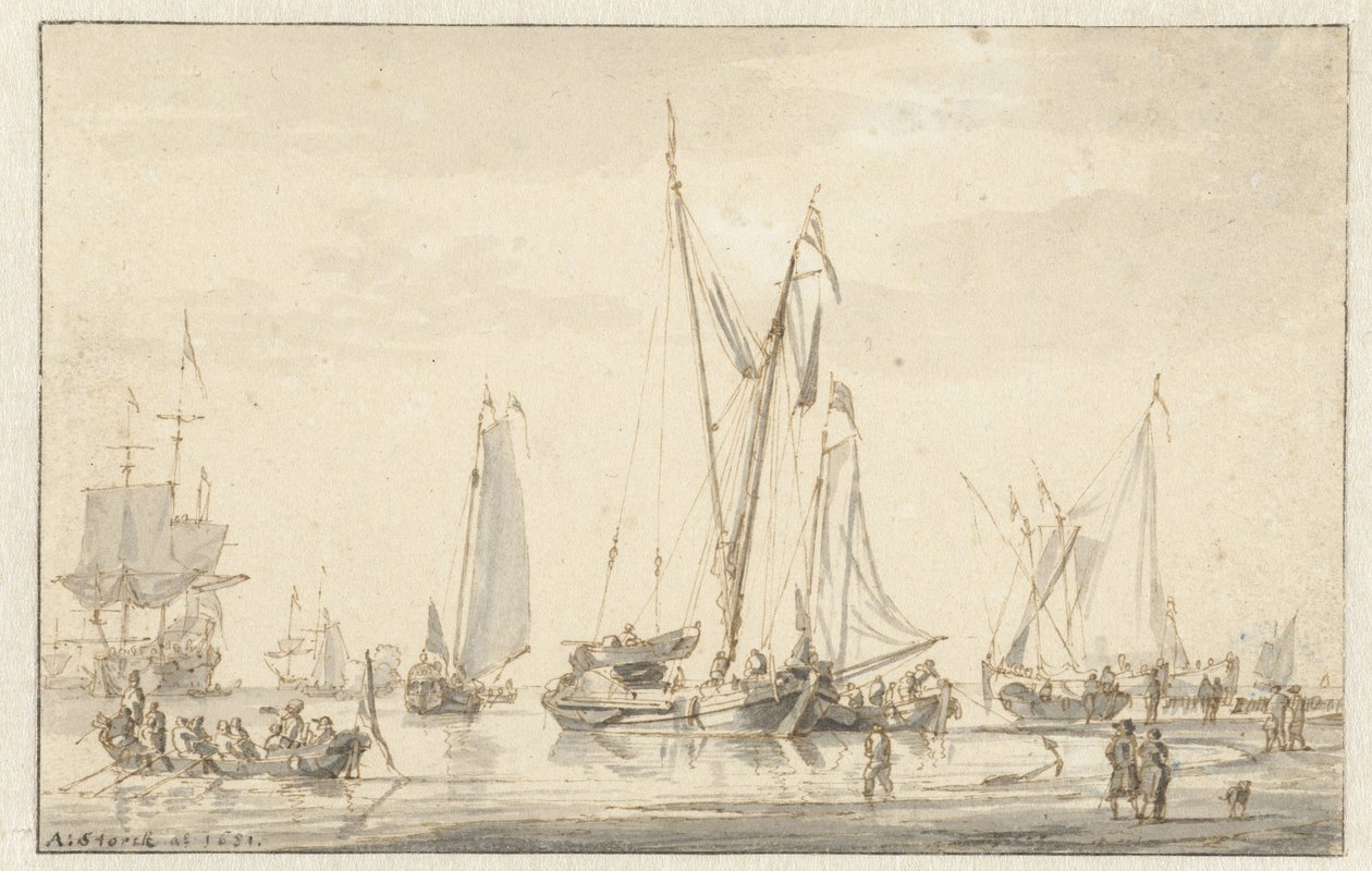Strandscen med förtöjda fartyg av Abraham Storck