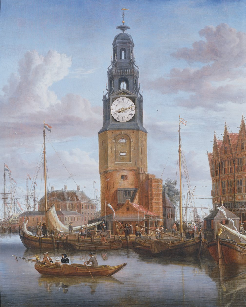Utsikt över Haringspacker Tower i Amsterdam, med en fungerande urtavla insatt i målningen, 1684 (panel) av Abraham Storck