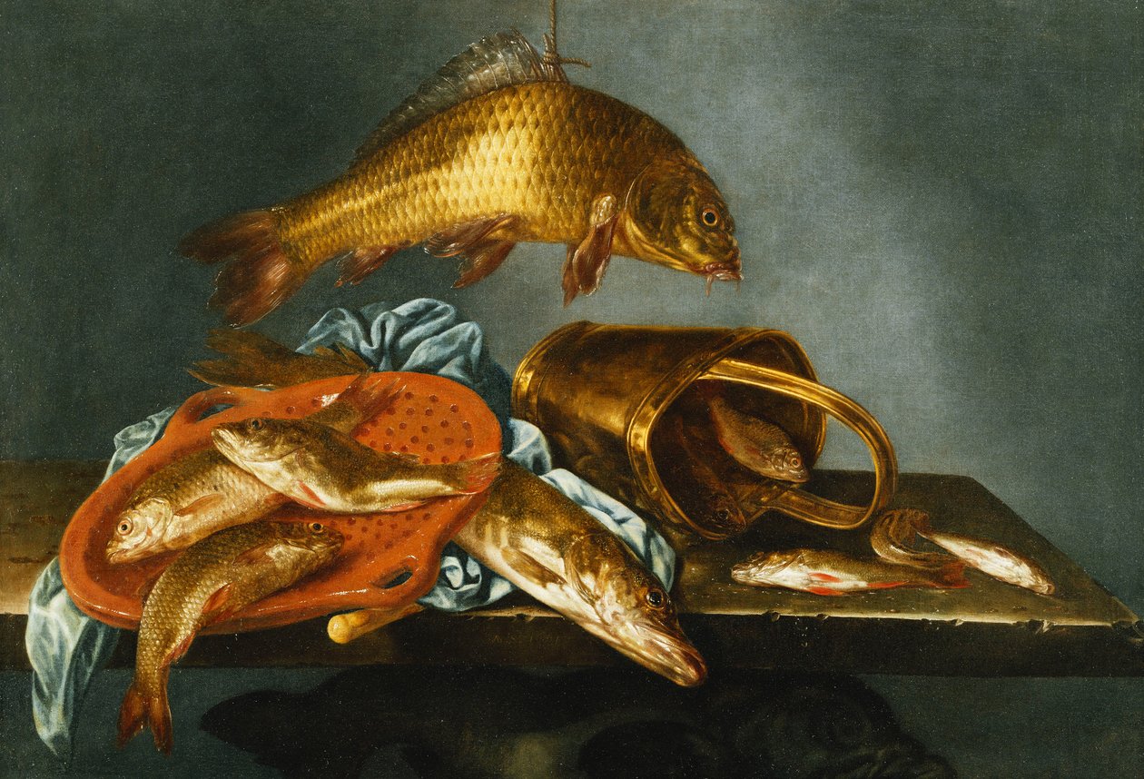 En gädda, karp, sutare och mört med en sil och en mässingshink på en avsats, 1661 av Abraham Susenier