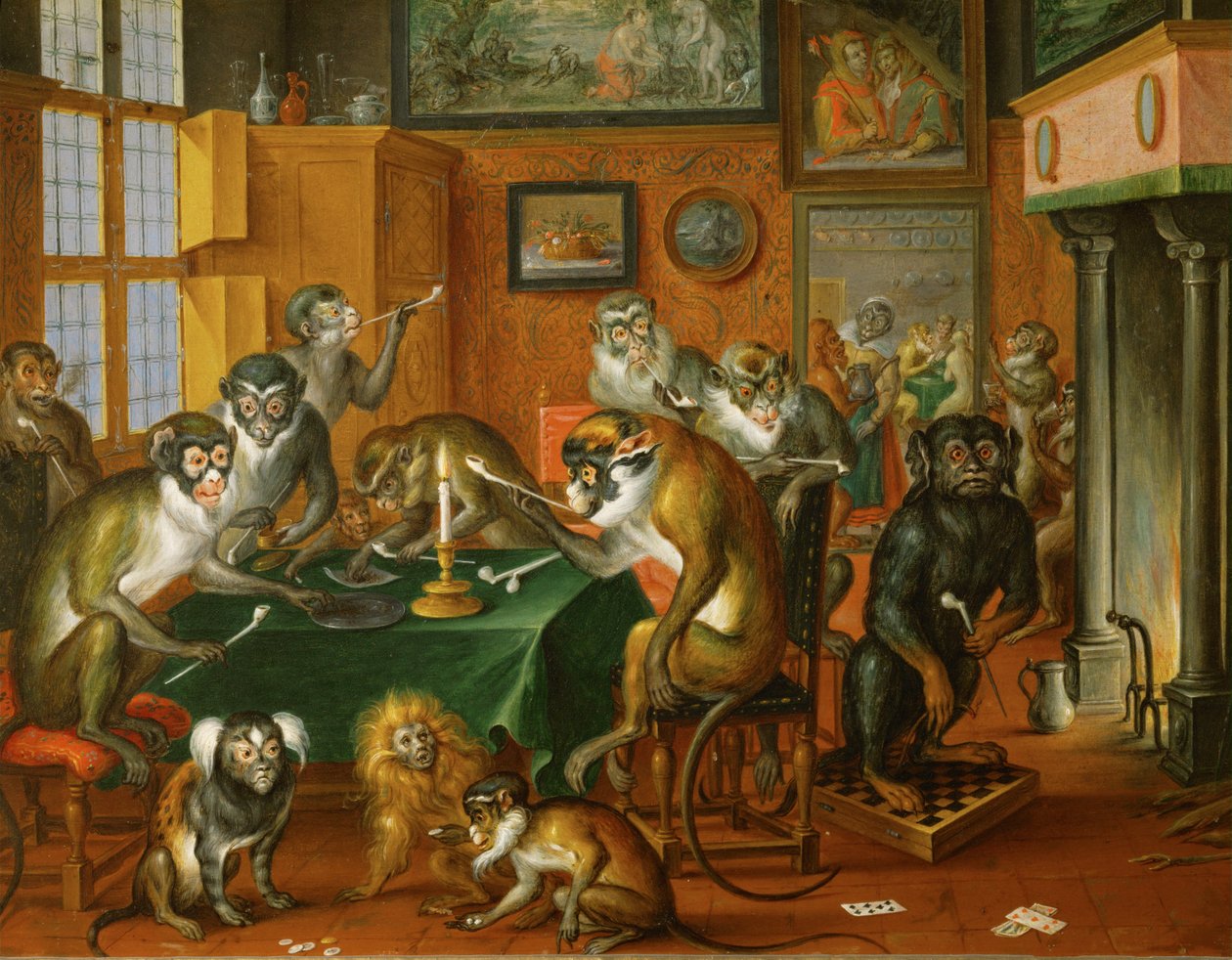 Tabakskollegium von Affen - Apornas rökande sällskap ... (olja på koppar) av Abraham Teniers