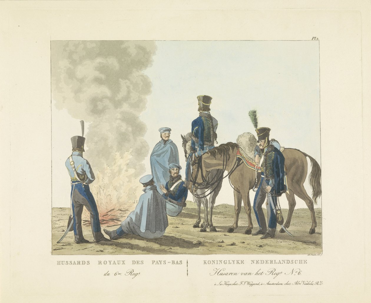 Husarer vid 6:e regementet, 1820-1825 Hussards Royaux des Pays-Bas du 6m. Regt. / Royal Dutch Husars of the Regt. Nej. 6 (titel på objekt) av Abraham Vinkeles