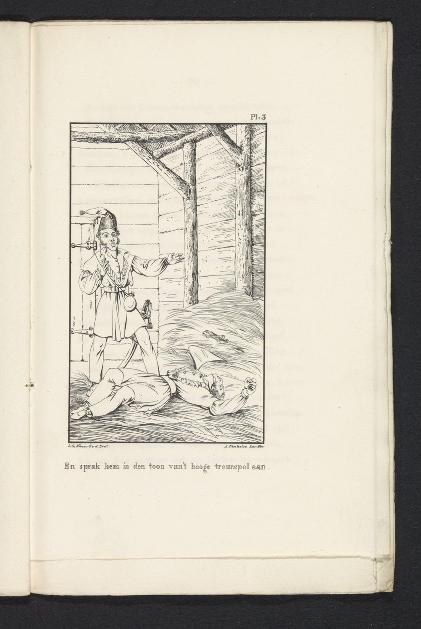 De åttio invånarnas resa till Tervuren (skylt 3), 1830 Och tilltalade honom i tonen av hög tragedi (titel på objekt) av Abraham Vinkeles