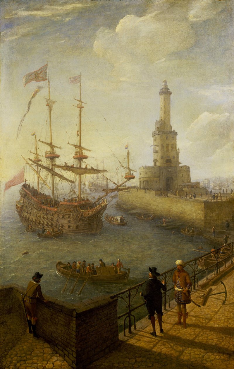 Ett spanskt tremastat fartyg ankrat utanför Neapels (Italien) kust, sett från en asfalterad pir i staden, mot fyren och byggnaderna i Medelhavshamnen av Abraham Willaerts