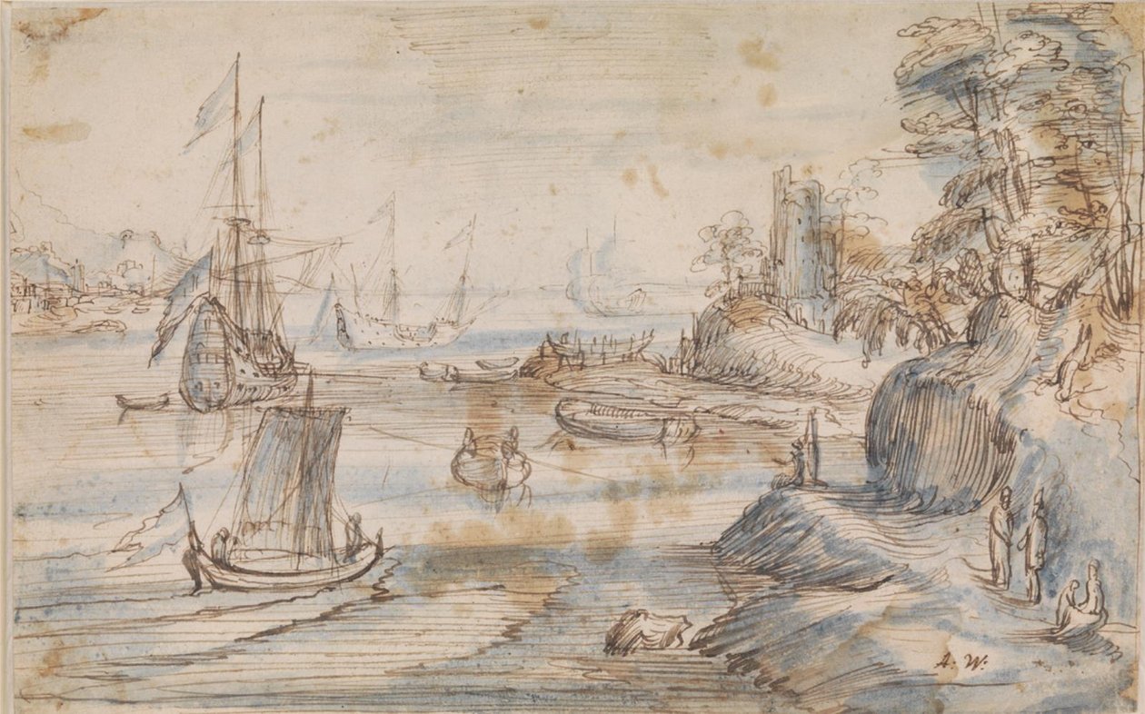 Kustlandskap med flera fartyg, en hög kust med flera figurer av Abraham Willaerts