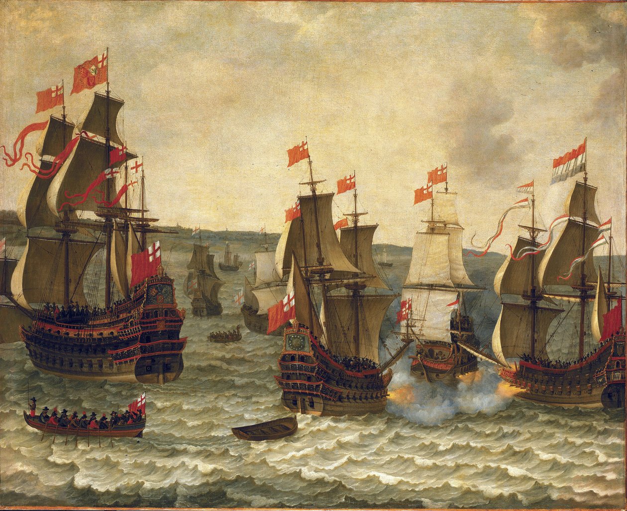 Sjöslag mellan holländska och brittiska fartyg, episod från det första anglo-holländska kriget (Anglo-Dutch) 1652-1654. Olja på trä av Abraham Willaerts (1603-1669). av Abraham Willaerts