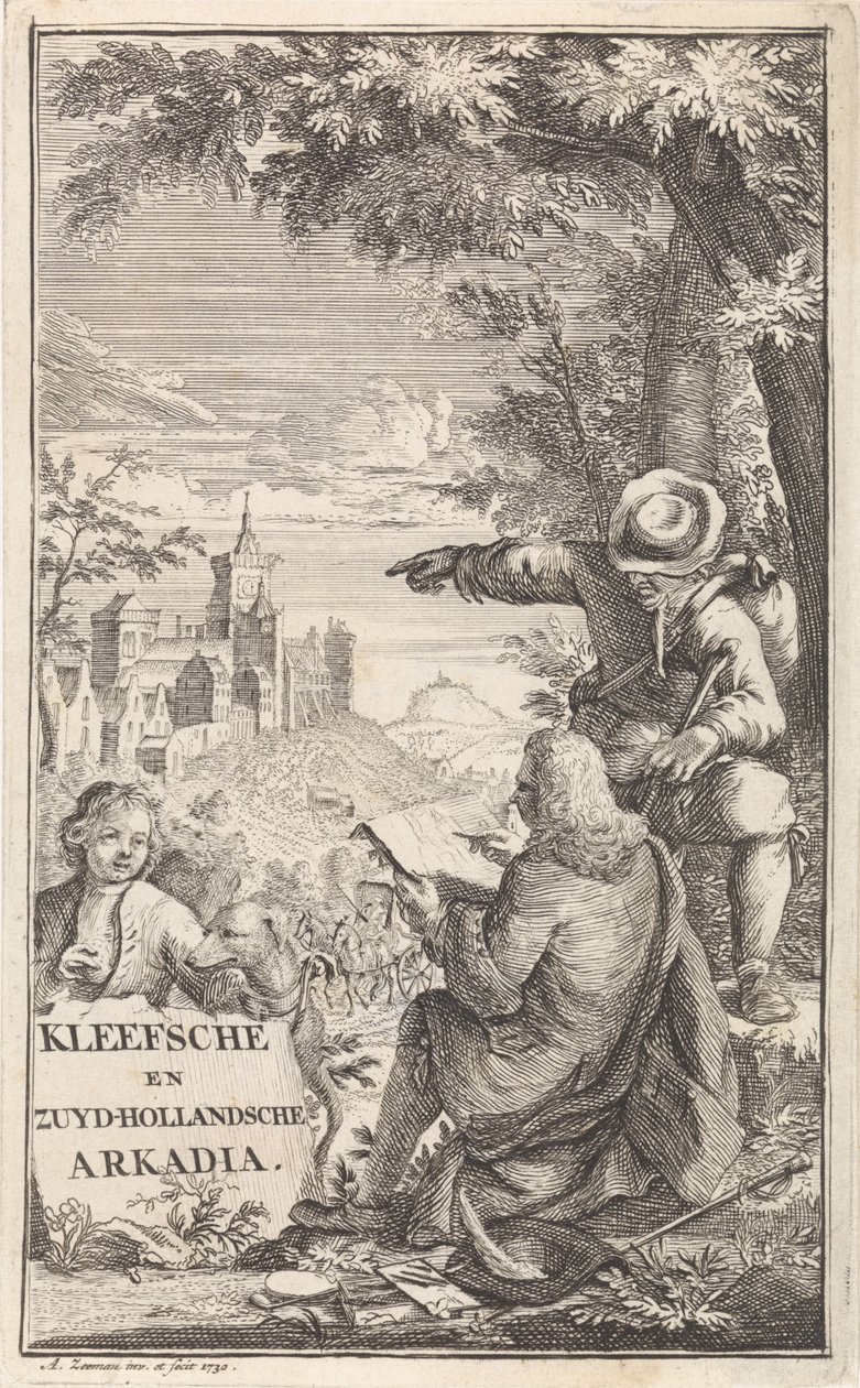 Resenären ritar staden Kleve Titelsida för: C. Bruin, Kleefsche och Zuid-Hollandsche Arkadia (...), 1730 av Abraham Zeeman