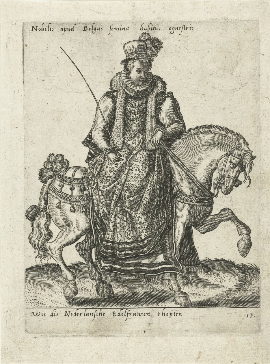 Holländsk adelsdam till häst av Abraham de Bruyn (attributed to)