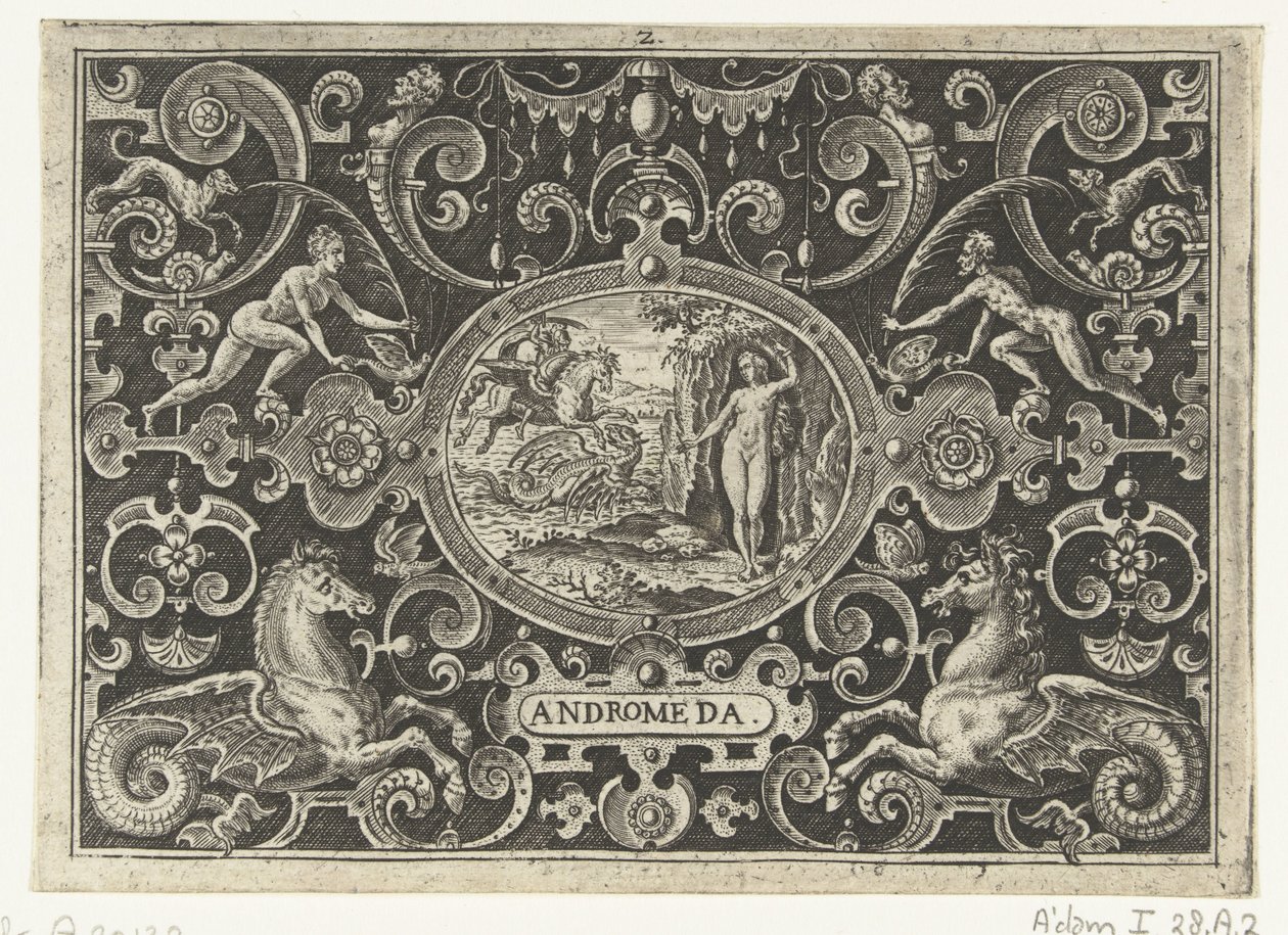 Kartusch: Perseus befriar Andromeda ANDROMEDA (titel på objekt) av Abraham de Bruyn