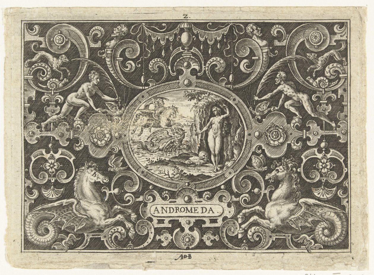 Kartusch: Perseus befriar Andromeda Ovala kartuscher med scener ur Perseus liv i ramen av grotesker (serietitel) Andromeda (titel på objekt) av Abraham de Bruyn