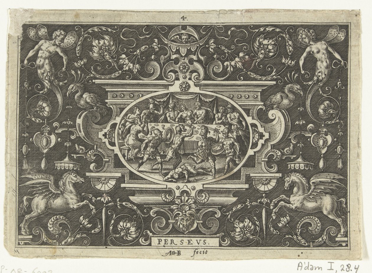 Kartusch: Phineus stör Perseus och Andromedas bröllop PERSEUS (titel på objekt) Ovala kartuscher med scener ur Perseus liv i ramen av grotesker (serietitel) av Abraham de Bruyn