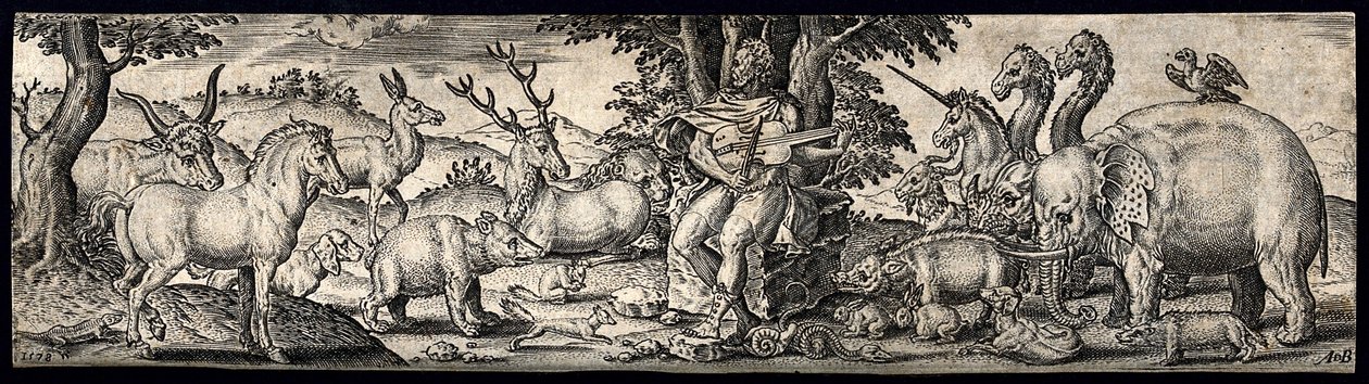 Orfeus sitter på en sten, håller ett stränginstrument och förtrollar djuren med musik. Gravyr av A. de Bruyn. av Abraham de Bruyn