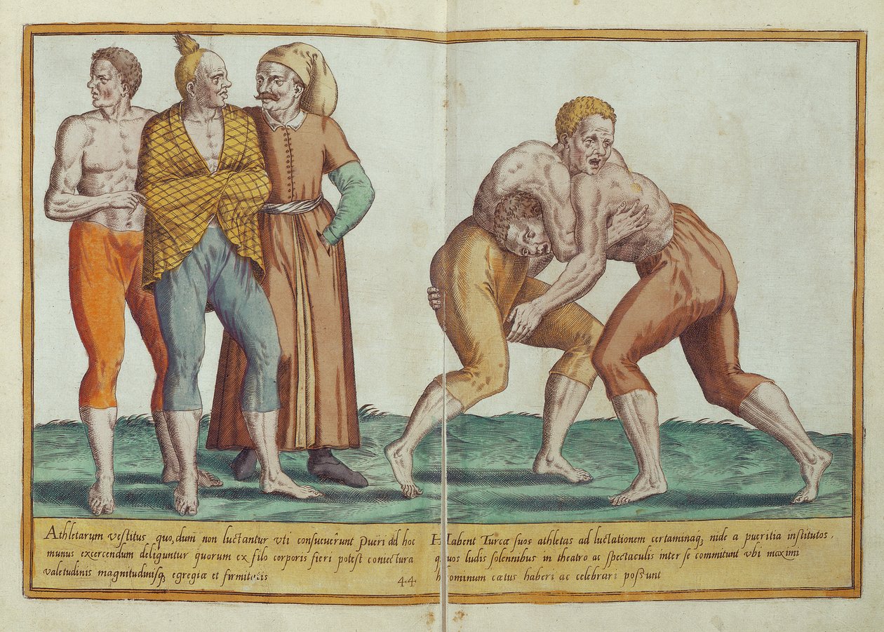 Turkisk brottning, dräkter från 1500-talet från Omnium Poene Gentium Imagines, publicerad i Köln, 1577 (handfärgad gravyr) av Abraham de Bruyn