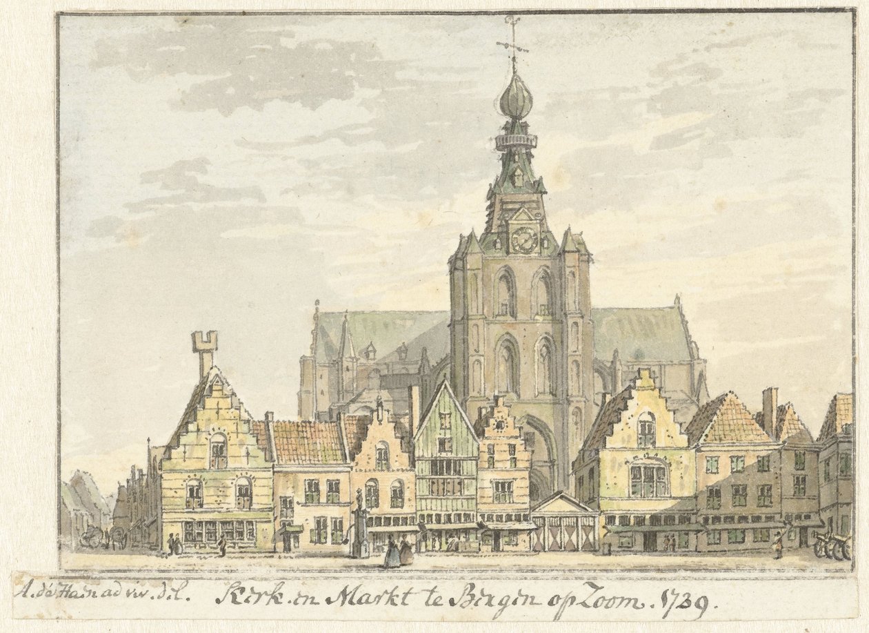 Kyrka och marknad i Bergen op Zoom av Abraham de Haen (II)