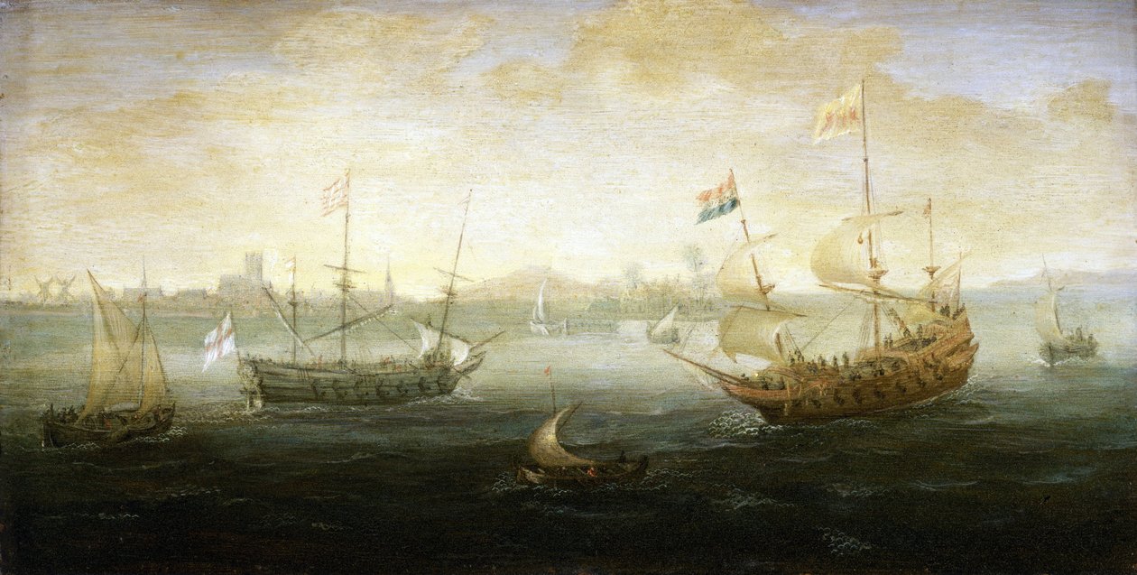 En holländsk och en brittisk båt, med Stuarts flagga, seglar ut från en hamn, synlig vid horisonten, omgiven av olika småbåtar av Abraham de Verwer