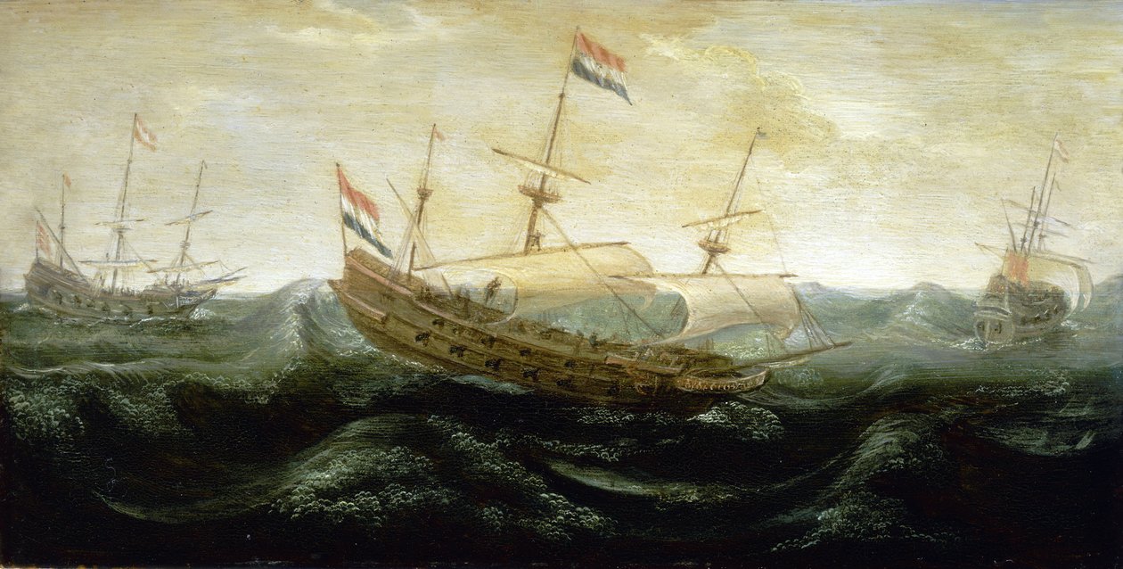 Ett holländskt fartyg seglar på ett mycket turbulent hav med reducerade segel, där vinden rusar in. Olja på koppar, ca 1625, av Abraham de Verwer (ca 1585-1650). av Abraham de Verwer