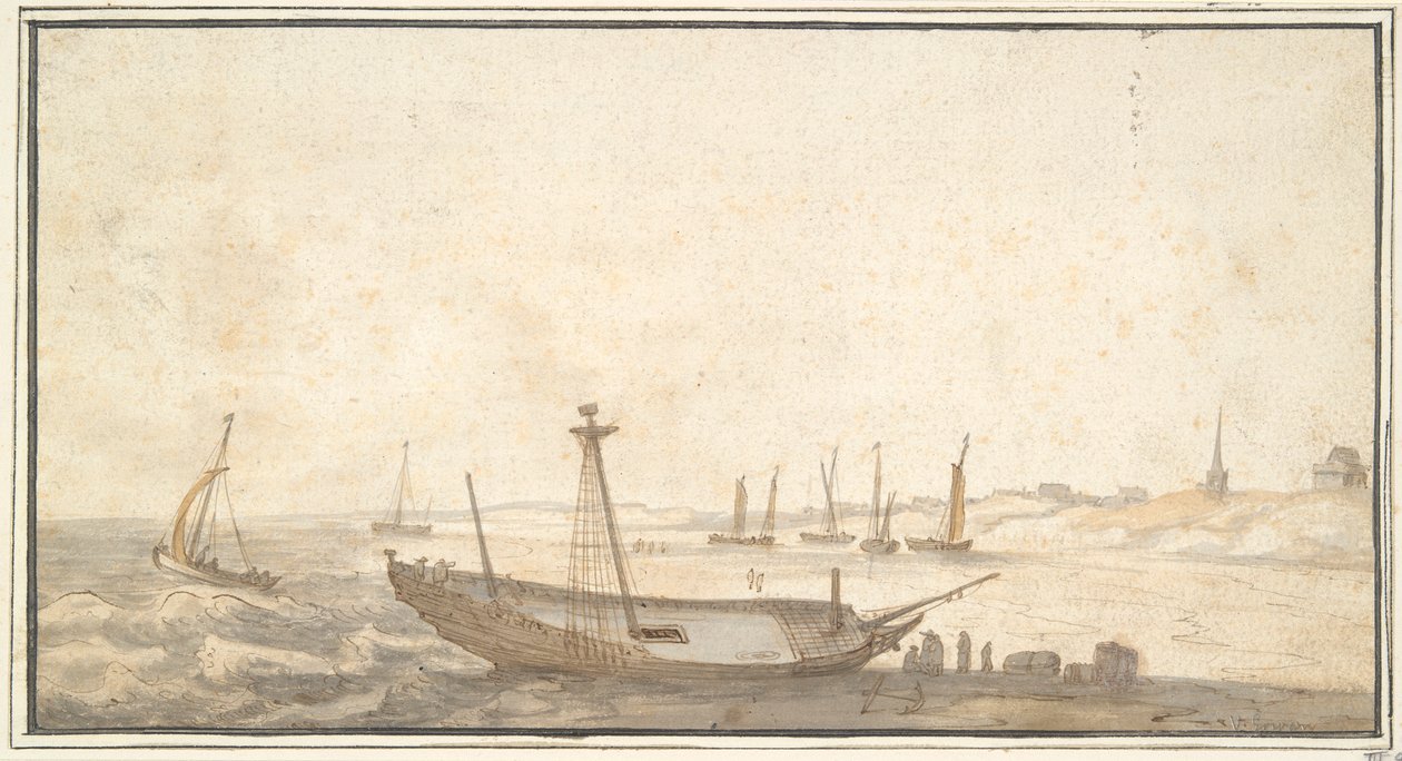 Strand med fartyg nära Scheveningen av Abraham de Verwer