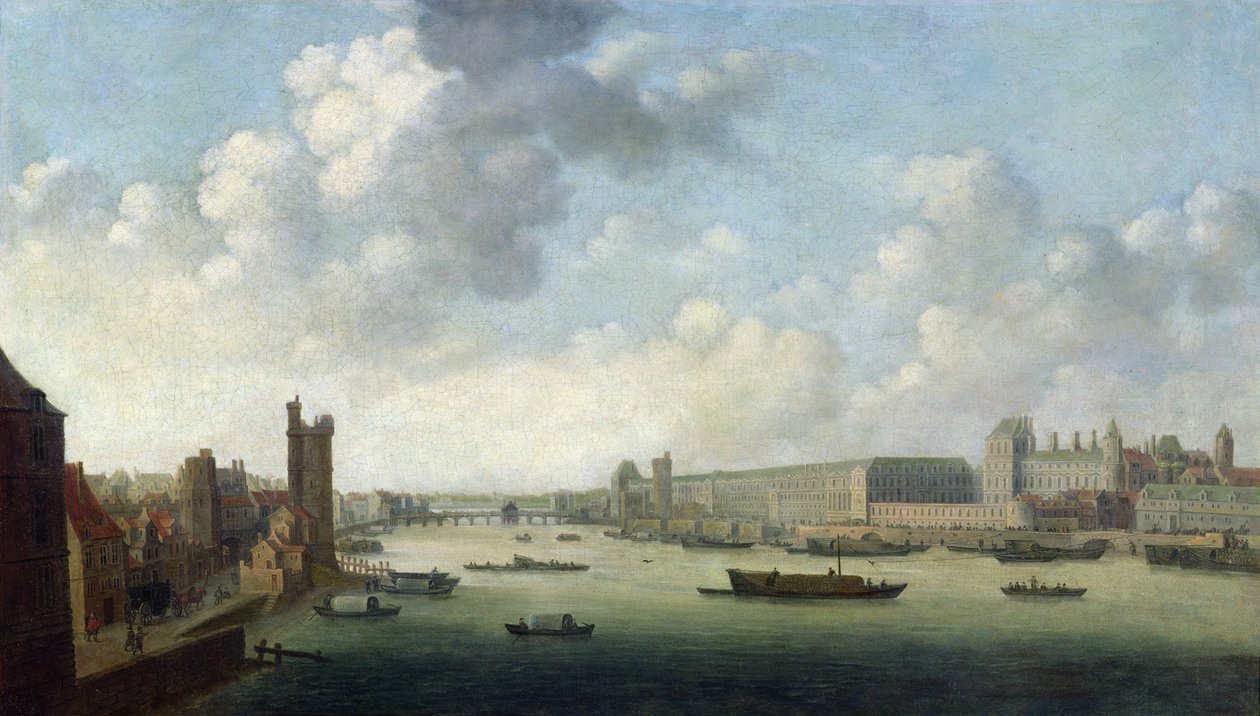 Perspektivvy över Paris perspektivvy av Paris från Barber Bridge nedströms, föreställande Hôtel Bourbon, The Grande Galerie of the Louvren, ca 1640 av Abraham de Verwer