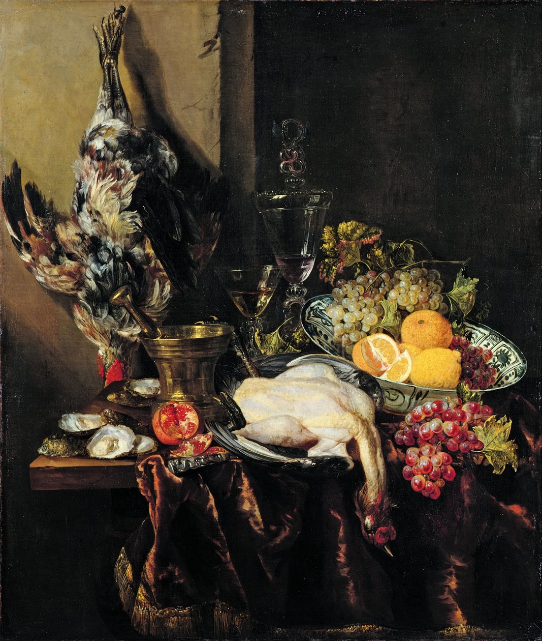 Pronkstilleven med frukt och fågel av Abraham van Beijeren