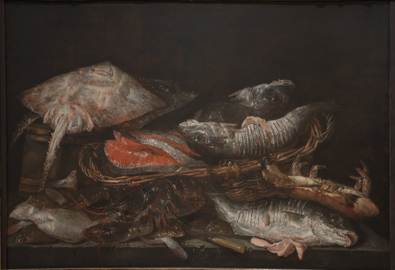 Stilleben med fisk på ett stenbord av Abraham van Beijeren