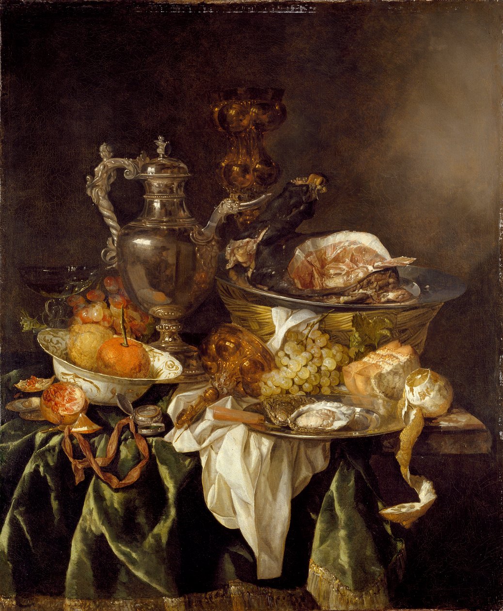 Stilleben med en silvervinburk och ett reflekterat porträtt av konstnären, c1657 av Abraham van Beyeren