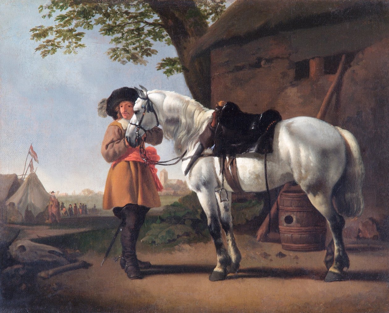 En kavaljer med en grå häst (olja på duk) av Abraham van Calraet