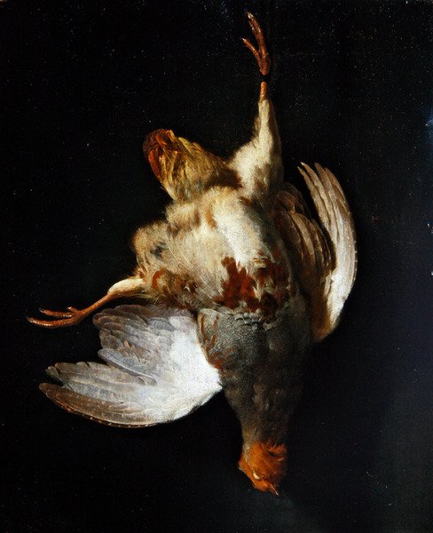 Ett stilleben med en rapphöna hängande från en spik (olja på panel) av Abraham van Calraet