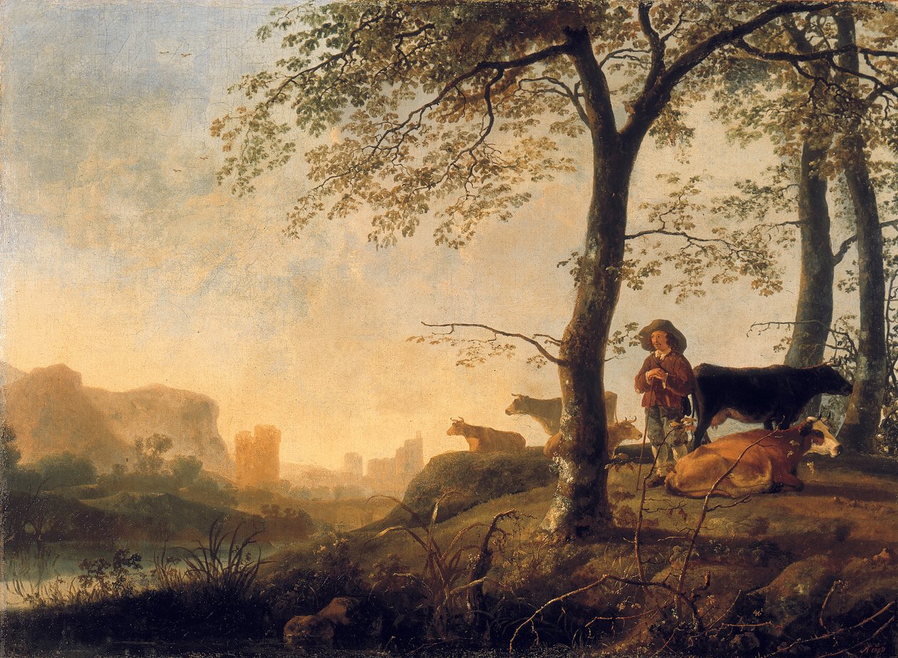 Kvällsflodlandskap med en koherde och kor vid kanten av en skog, en bro och ruiner bortom av Abraham van Calraet