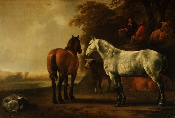 Hästar och boskap i ett landskap (panel) av Abraham van Calraet