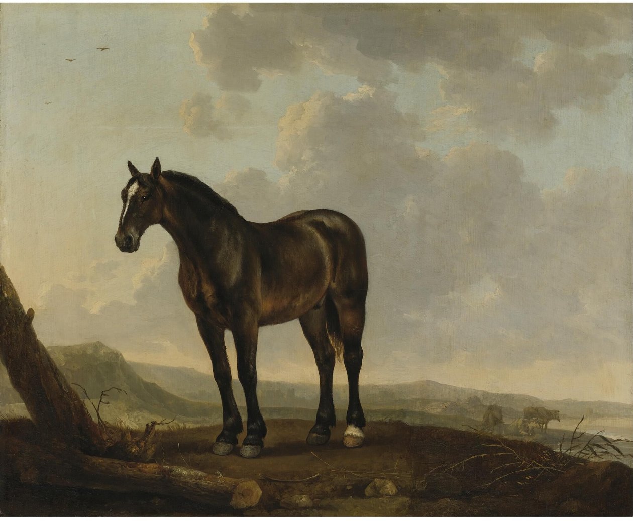 Porträtt av en brun häst i ett landskap av Abraham van Calraet