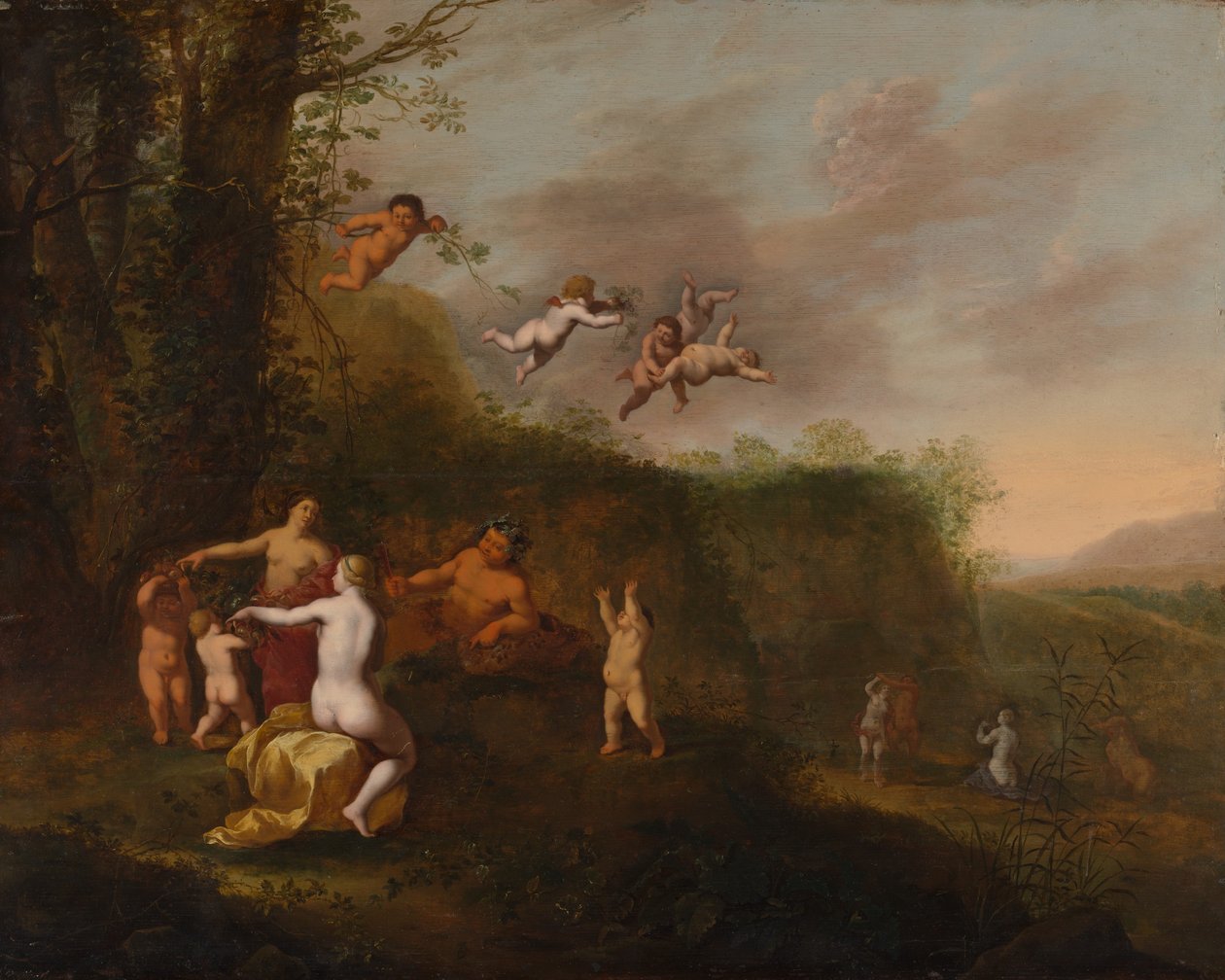 Bacchus och nymfer i ett landskap, troligen 1640-talet. av Abraham van Cuylenborch