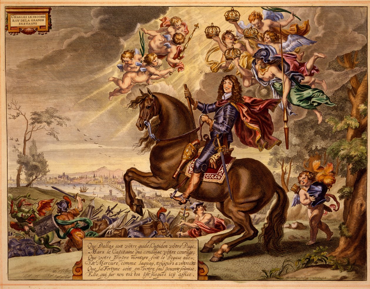 Charles II med en dedikation på franska, med Old London Bridge i bakgrunden, från The Method and New Invention of Dressing Horses av William Cavendish, publicerad 1737 (2nd edn) (akvatint) av Abraham van Diepenbeeck