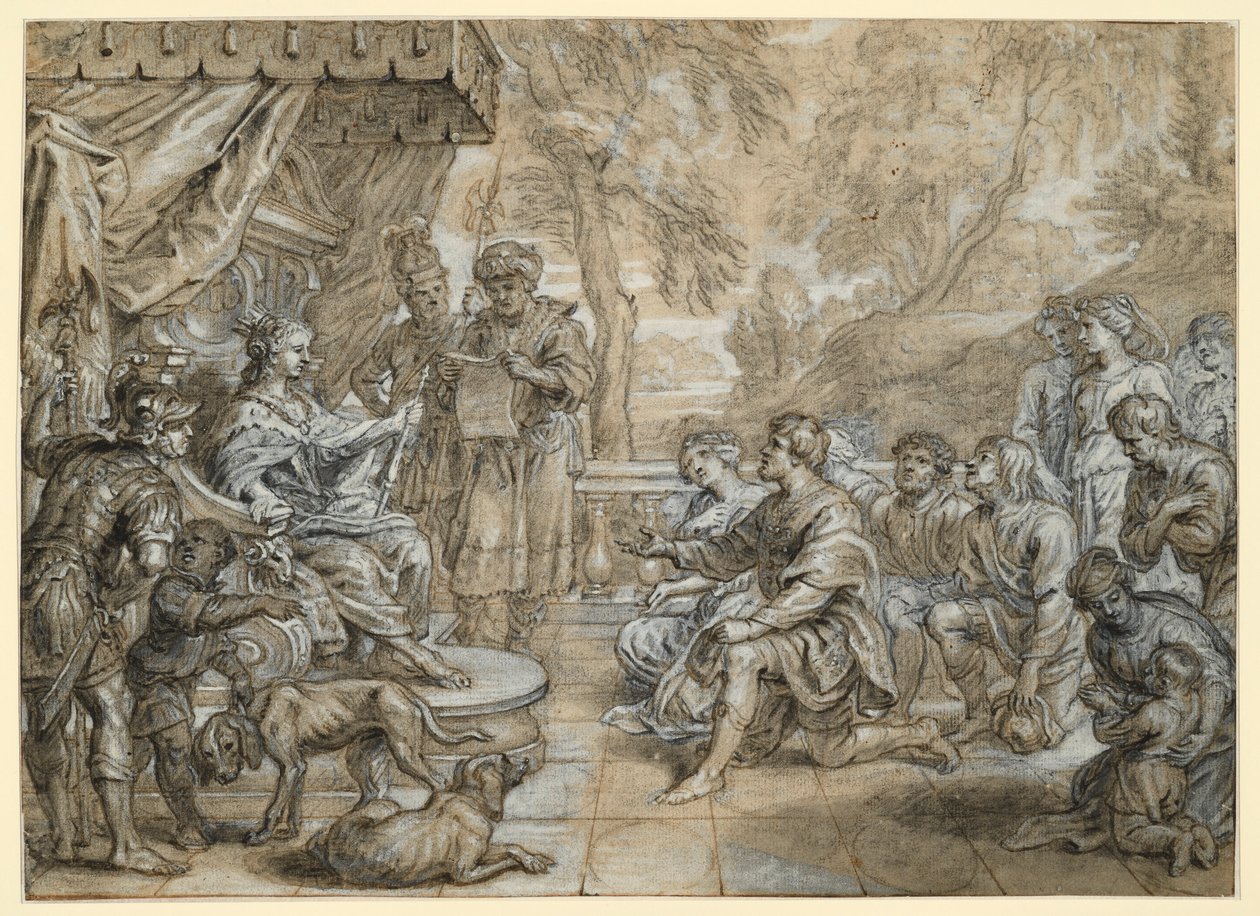 En drottning med hermelinmantel och spira (Semiramis?) på en tron, framför henne knäböjer en grupp män och kvinnor av Abraham van Diepenbeeck