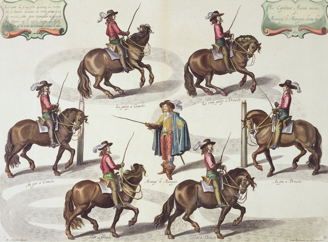 Markisen av Newcastle ger kapten Mazin en ridlektion, skylt 15 från The Method and New Invention of Dressing Horses av William Cavendish (1592-1676) Marquis of Newcastle, graverad av Lucas Vo av Abraham van Diepenbeeck