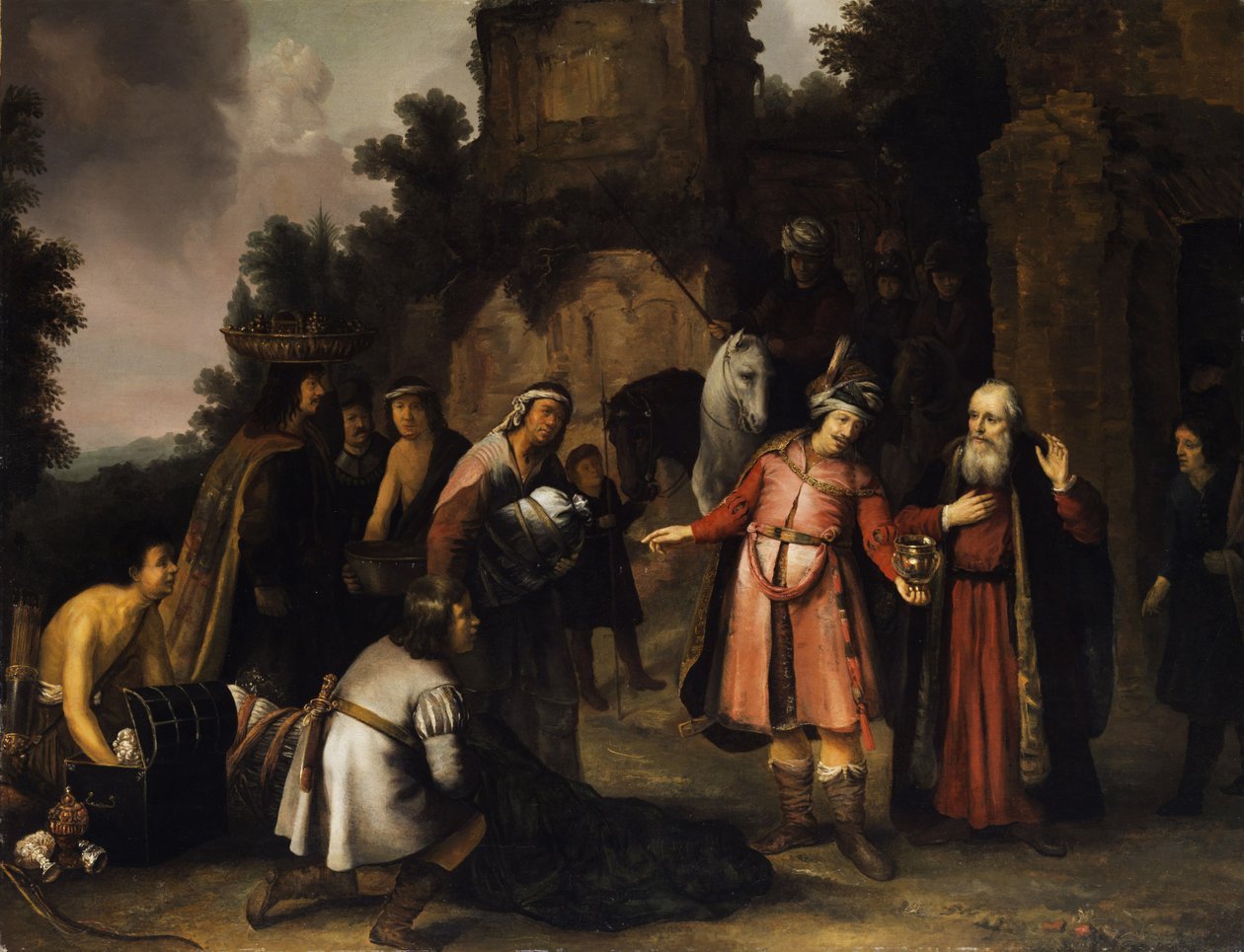 Tyska: Profeten Elisa avvisar Naamans gåvor (2 Kungaboken 5). Elisha avvisar Naamans presenter av Abraham van Dijck