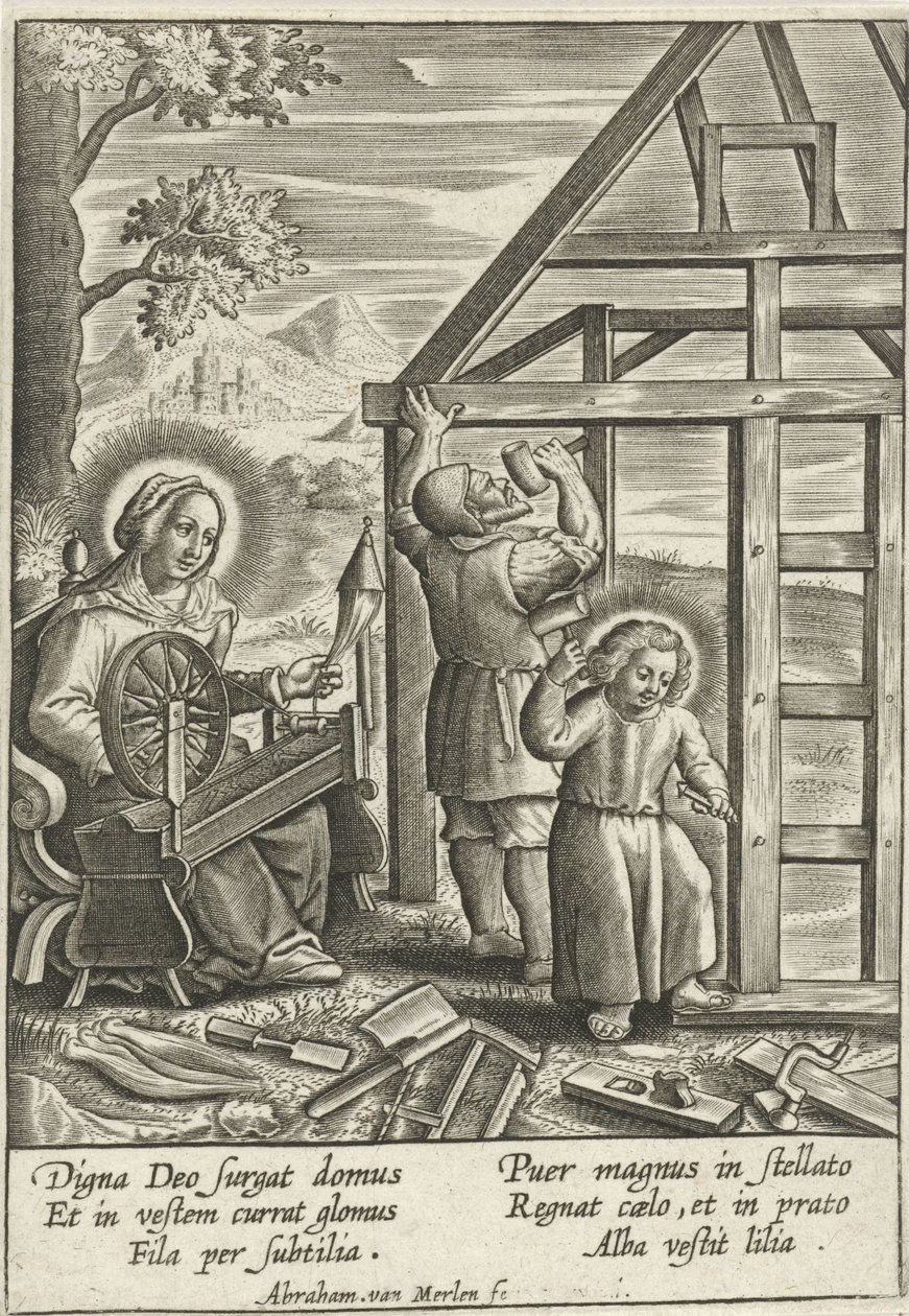 Kristus hjälper Josef att bygga ett hus av Abraham van Merlen