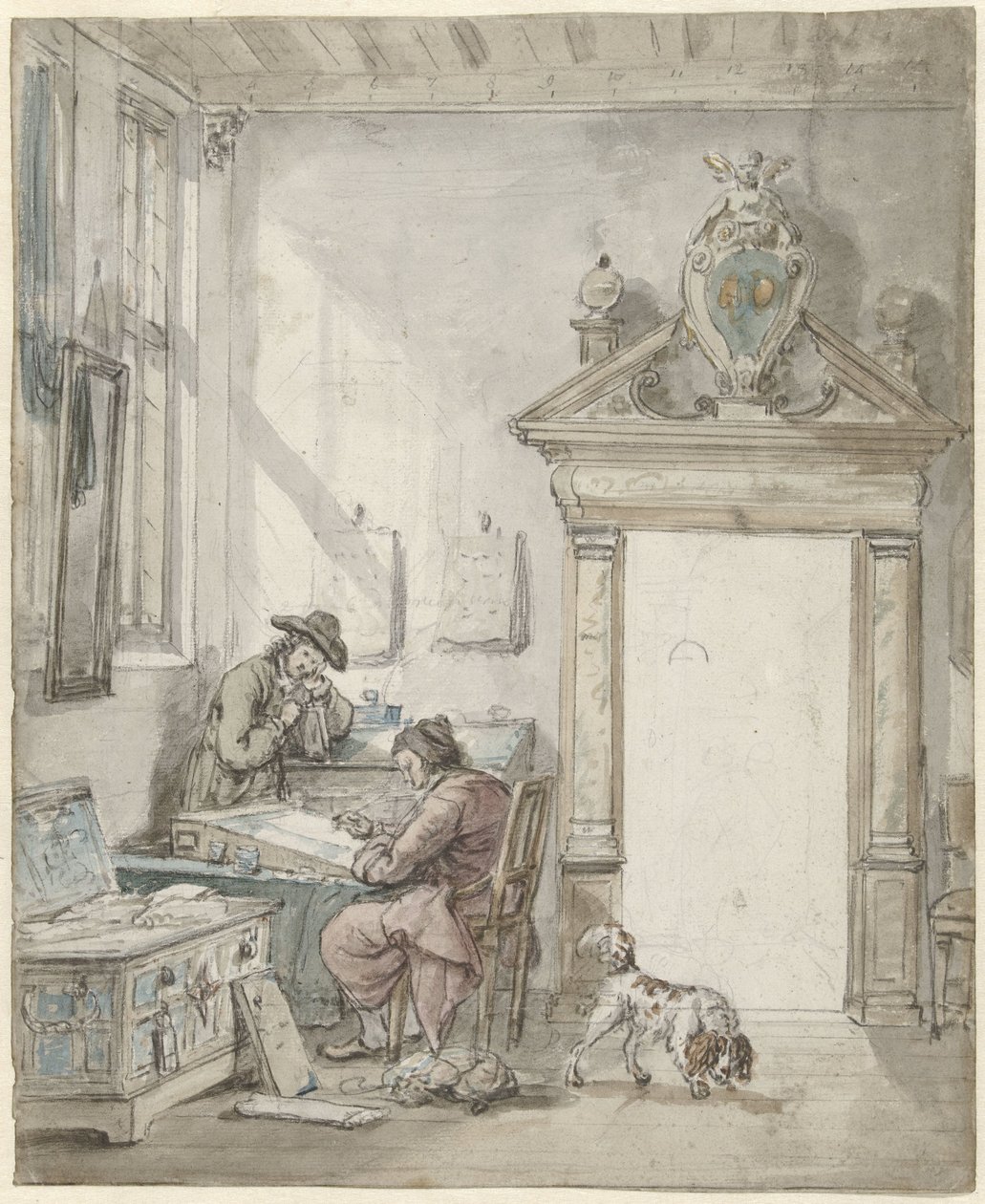 Interiörscen med en skrivande man vid ett skrivbord av Abraham van Strij (I)