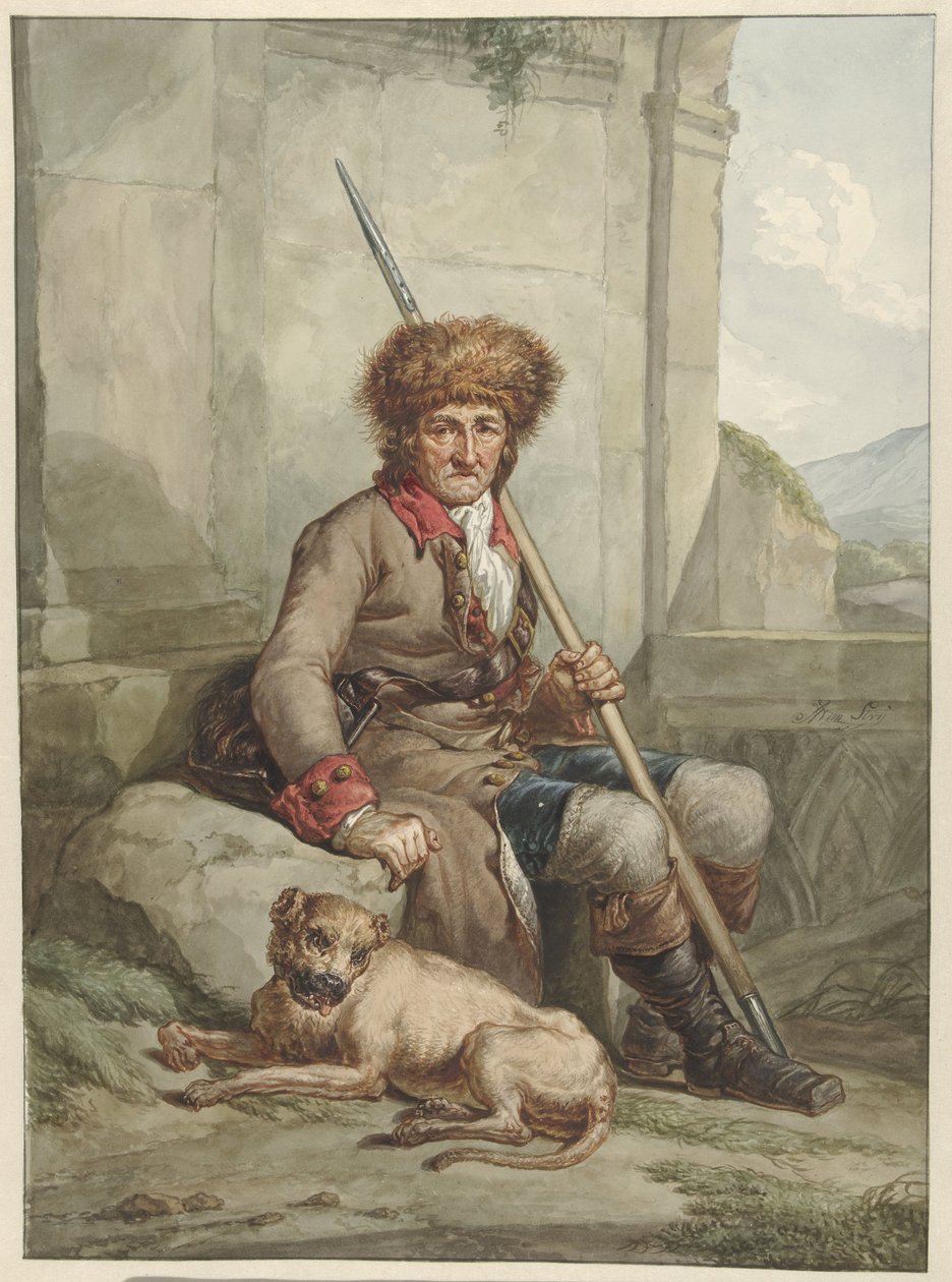 Sittande jägare med pälsmössa, spjut och viltväska av Abraham van Strij (I)