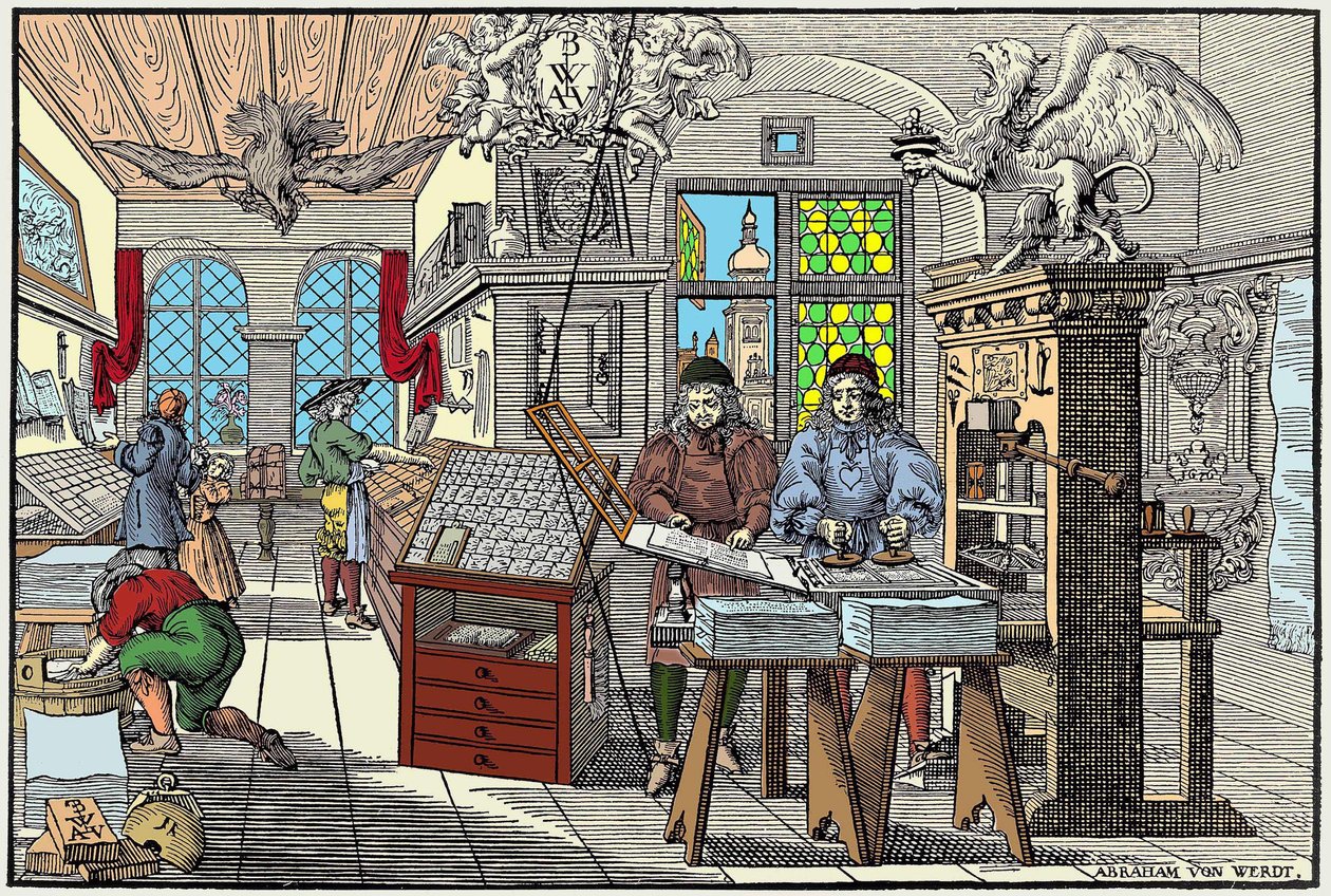 Interiör av ett tryckeri i Nürnberg, Tyskland: arbetare i arbete, början av 1600-talet - grav. av Abraham van Werdt. av Abraham van Werdt